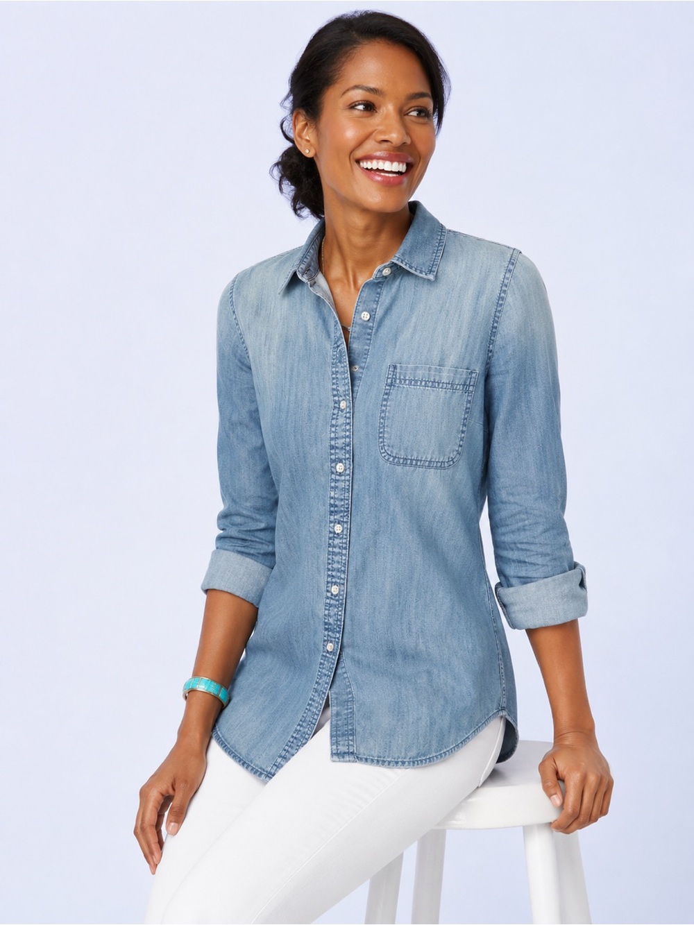 Talbots Denim Button Down Shirt Small Petite 100% Cotton Classic Spring Staple